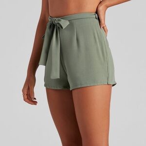 Olive Green High Waist Linen Shorts